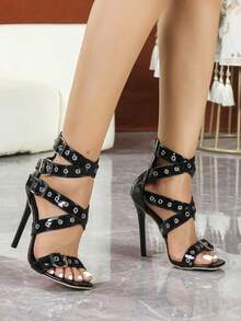 Women Black Multi Strap Buckle Eyelet Decor Open Toe High Heel Ankle Cuff Sandals Back Zipper Summer Footwear - Black - View 3
