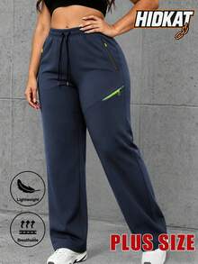 Hidkat Women's Plus Size Casual Sports Long Pants, Lightweight Drawstring Multi-Pocket, Suitable For Fitness, Streetwear, Spring And Autumn - Navy Blue - View 1