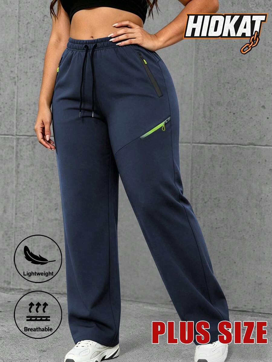 Hidkat Women's Plus Size Casual Sports Long Pants, Lightweight Drawstring Multi-Pocket, Suitable For Fitness, Streetwear, Spring And Autumn - Navy Blue - View 1
