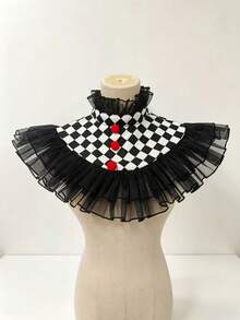 1 buah Kerah Tulle Berumbai Motif Kotak-kotak Hitam & Putih untuk Badut, Dapat Dilepas, dengan Pom-Pom Merah, Aksesori Leher untuk Kostum Pesta Halloween Dewasa - A - View 9