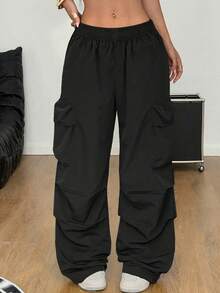 Teen Girls Summer Street Style Low Waist White Parachute Cargo Pants - Black - View 3