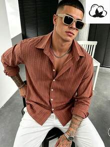 WAIT HIM Men's Striped Single-Breasted Casual Long Sleeve Shirt - Redwood - View 4