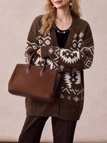 Women's Bohemian Style Knitted Cardigan, V-Neck, Button Front, Long Sleeve, Ribbed Knit Short Sweater, Suitable For Autumn/Winter Wear - Brown - View 6