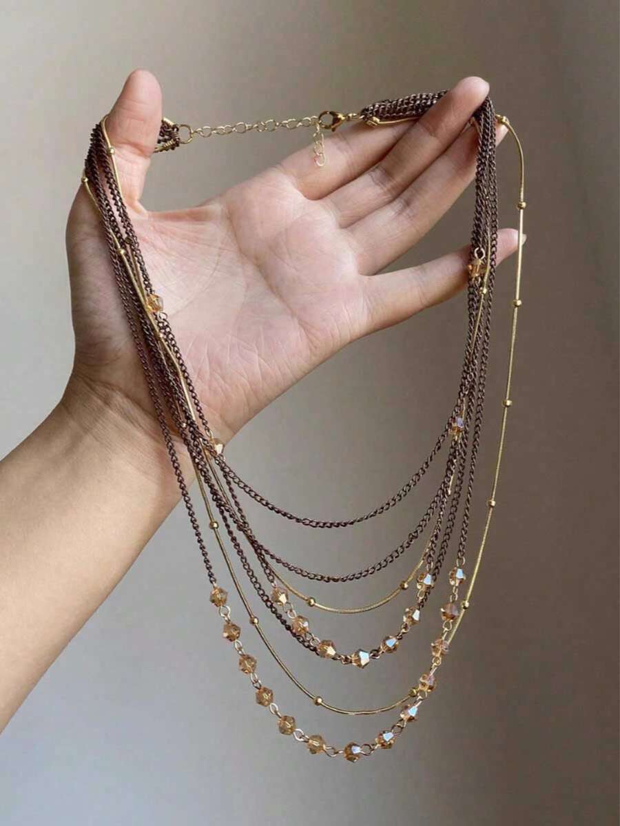 1pc Women's Multi-Layer Necklace, Gold Metal Material With Beaded Design, Layered Style, Fashionable Necklace Suitable For Daily Wear, Gatherings And Parties - Multicolor - View 1