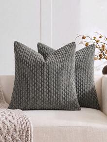 1pc Bohemian Dark Gray Striped Pillow Cover (Pillow Core Not Included), Modern Soft Corduroy Embossed 3D Stripe Solid Color Decorative Square Cushion Cover, Suitable For Sofa, Bedroom, Bed, Four Seasons - Dark Grey - View 1