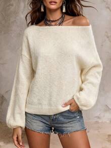 Women Casual Autumn Winter Boat Neck Beige Solid Color Drop Shoulder Knit Top Long Sleeve Puff Sleeves Sweater Daily/Work/ - Beige - View 5
