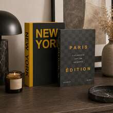 2pcs Home Decor Paper Faux Books, Exquisite Realistic Books In Green And Beige, Dining Table Decoration, Bedside Table Decoration, Home Room Bookshelf Decoration - Black - City - View 2