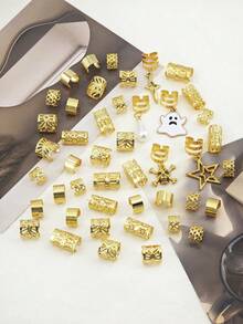 45pcs Halloween Star Gothic Style Hair Rings Accessories, Multi-Theme Bow & Leaf Hair Decorations, Suitable For Dreadlocks - Gold - View 3
