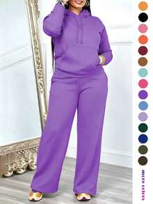 Women's Casual 2-Piece Set Solid Color Elegant Long Sleeve Hooded Drawstring Pocket Sweatshirt & Straight Leg Pants Set, Lightweight And Soft, Suitable For Spring And Summer - Purple - View 4