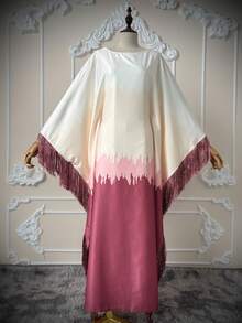 Hafizah 女款絲綢質感漸層色長裙，白色至粉紫漸層 Abaya，附流蘇飾邊，適合優雅場合，紅色秋季款 - 紅色 - 查看 7