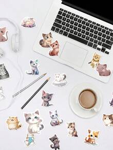 50Pcs Pale Hand‑Drawn Cat Journal Stickers, Low‑Saturation Watercolor Animal Patterns Of Lovely Kittens With Different Expressions And Gestures, Suitable For Scrapbook, Tumbler, Tablet, Suitcase, Pencil Box - Multicolor - View 3