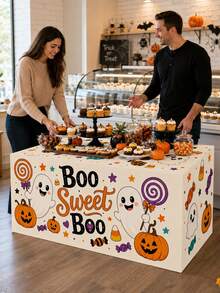 1pc Cream Cartoon Halloween Tablecloth, Cute Polyester Rectangular Three-Sided Tablecloth With Ghost, Pumpkin And Candy Print, Suitable For Fall Home Decor, Halloween Home Decor, Halloween Decoration, Party Decor And Outdoor Halloween Decoration - Multicolor - View 8