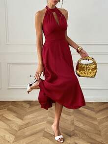 Women's Elegant Solid Color Backless Halter Mid-Length Dress, Elegant Autumn Party Outfit - Red - View 6