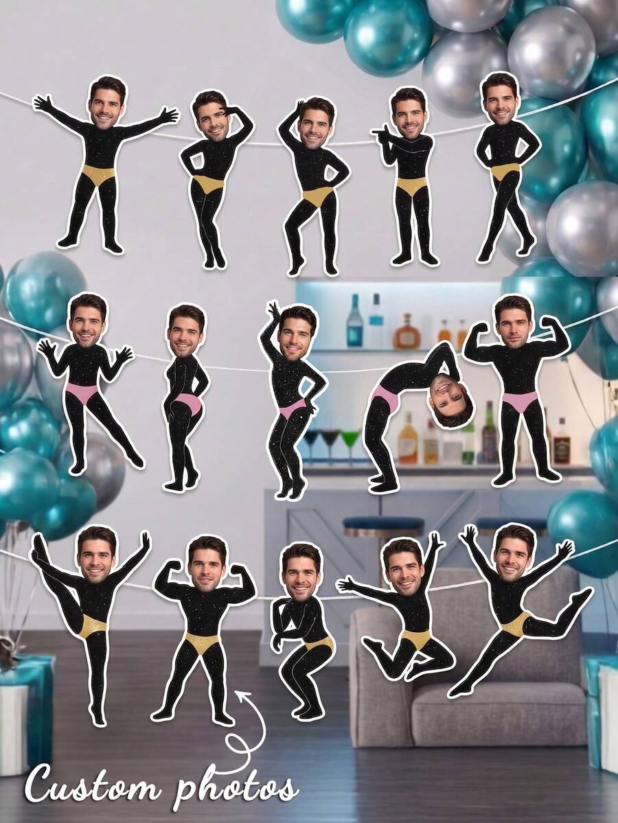5/10/15pcs Custom Face Male Dancer Banner, Personalized Photo Bunting Banner, Bachelorette Hen Party Funny Photo Prop Decorations - Multicolor - View 1