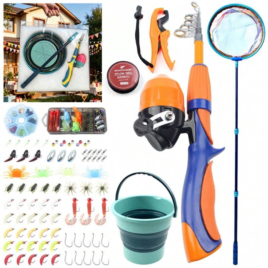 SEACHASER Portable Fishing Rod And Reel Set, Complete Fishing Gear Kit, Includes Telescopic Fishing Rod, Closed Reel, Fishing Net, Bucket, Hooks, Lures And Accessories, Gift Set Fishing Kit