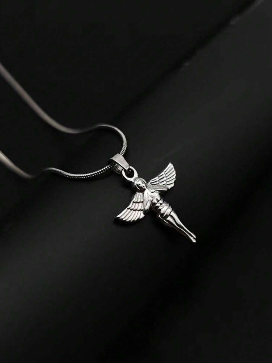 1pc Stainless Steel Minimalist Personalized Wing Jesus Figure Pendant Necklace, Vintage French Style Collarbone Chain - Multicolor - View 1