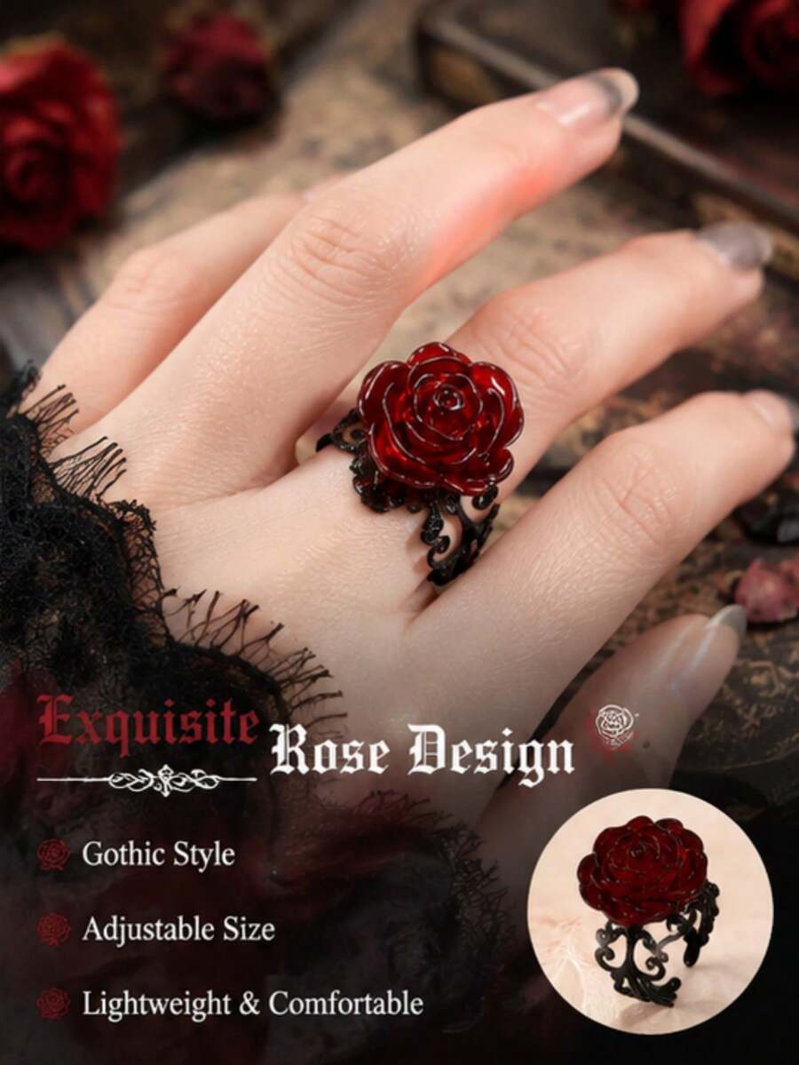 1pc Gothic Romantic Rose Open Adjustable Ring, Suitable For Holiday Party Wear, Halloween - Multicolor - View 1