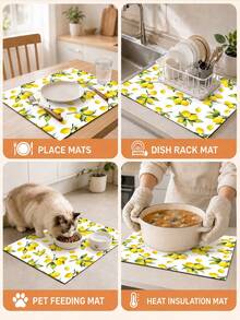 1pc Yellow Lemon & Green Leaf Pattern Absorbent Table Mat, Fresh Pastoral Style, Water-Absorbent Fabric, Rectangular Edged Design, Stain-Resistant & Heat-Insulating Countertop Protector, Suitable For Kitchen Sink, Dish Drying, Daily Home Decor - Multicolor - View 7