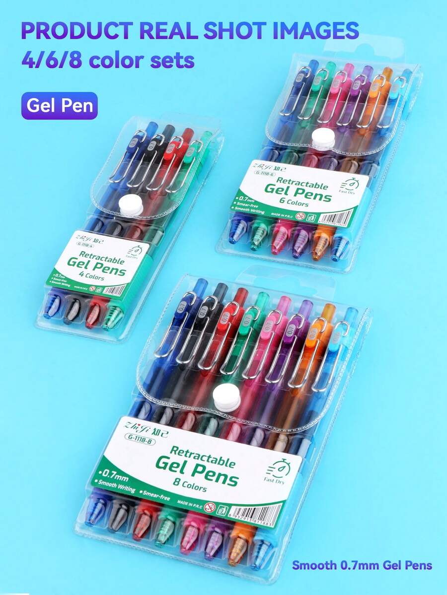 6/8pcs Colorful Neutral Pens - Retractable, Fine Tip (0.7mm), Multiple Vibrant Colors, Gel Pen Set, Eyeliner Pen, Needle Pen, Ballpoint Pen, Perfect For Vibrant Colorful Writing And Sketching, Smooth Writing, Used For Drawing, Highlighting, Note-Taking, Making Manuals, Office Use - Multicolor - View 1