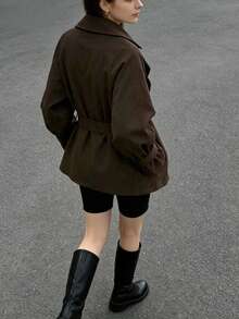 Women's Solid Color Waist Tie Fashion Versatile Daily Casual Trench Coat Jacket - Mocha Brown - View 7