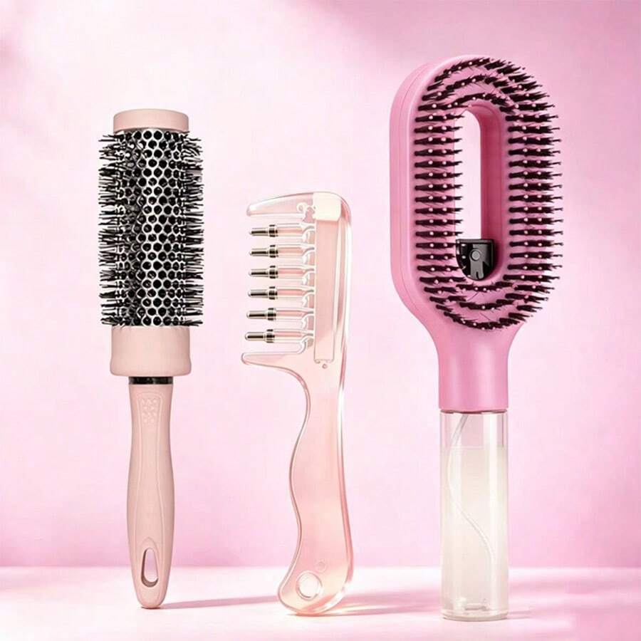 3pcs/Styling Tool Set - New Crystal Plastic Transparent Liquid-Conducting Hair Care Oil Massage Comb Wide Tooth Comb, 2-In-1 Spray Comb With Water Tank For Moisturizing And Exfoliating, Fine Mist Spray Design Plus Curling Styling Roller Comb - Multicolor - View 1