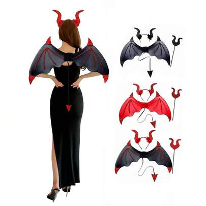 Halloween Party Demon Headband Headpiece Magic Wand Wings Performance Props Holiday Atmosphere Demon Cosplay Costume Set