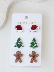 Set Of 3 Pairs Winter-Themed Acrylic Polymer Clay Earrings With Baked Snowman And Knitted Hat Design Decorated With Cute Snowflake Accents - Multicolor 3 - View 1