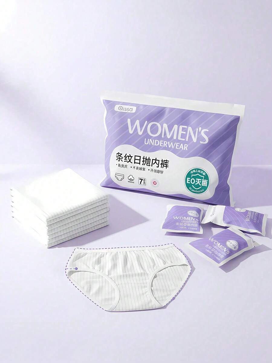 1/7件裝女款透氣一次性條紋內褲,包裝,適合旅行與孕期使用 - 白色 - 查看 1
