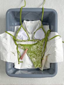 Bikinx 女款夏季時尚不對稱條紋三角繫帶比基尼套裝 度假海灘 - 橄欖綠 - 查看 6