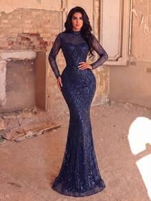Women's Sequin Long Sleeve Mermaid Evening Dress, Stand Collar Back Zipper Design, Suitable For Formal Occasions, Formal Dinners, Wedding Guests - Dark Wash - View 5