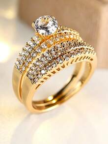 2pcs/Set Fashion Stackable Rings, Minimalist Luxury Cubic Zirconia Couple Rings, Versatile For Engagement, Wedding, Party And Daily Wear - Perfect Birthday, Anniversary Or Jewellery,Accessories - Gold - View 10