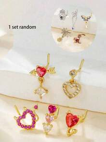 5pcs/Set Copper Heart Shaped Nose Studs Set, Perfect Gift For Women Valentines - Multicolor - View 14