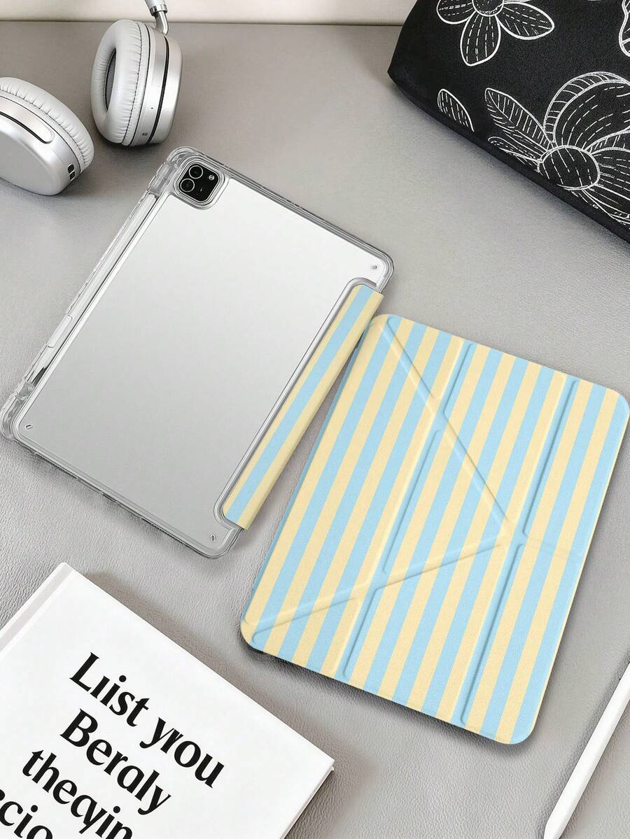 1件黃色與藍色條紋平板電腦保護殼,兼容 iPad Mini6/7/Air/Air2/9.7/10.2/10.5/10.9 (Air4-Air8)/Pro 11/10th Gen/A16/Pro 11 2024,彩繪圖案平板保護殼配透明壓克力背殼,絲綢質感 8 折疊支架,自動休眠/喚醒,內置筆槽,不含筆,部分機型附相機框 - 彩色 - 查看 1