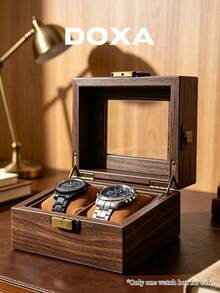 DOXA Retro Wood Grain 2-Grid Watch Display Box, Brass Hardware Transparent Window Suede-Lined Desktop Watch Storage Box - Brown - View 3