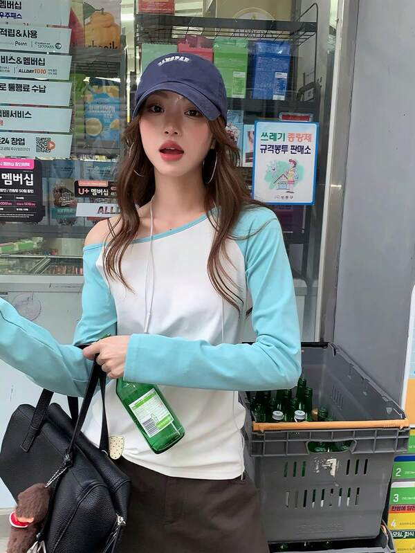 Patchwork Contrast Color Raglan Sleeve Thin Sheer Long Sleeve Fitted Top Casual