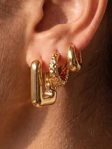 BIFEIER 3pcs/Set 18K Gold Plated Women's Earrings Set, Smooth Square Thick Hoop + Textured Round Hoop + Smooth Small Round Hoop Ear Cuff, Hypoallergenic Niche High-End Party & Commute Ear Jewelry - Gold - View 5