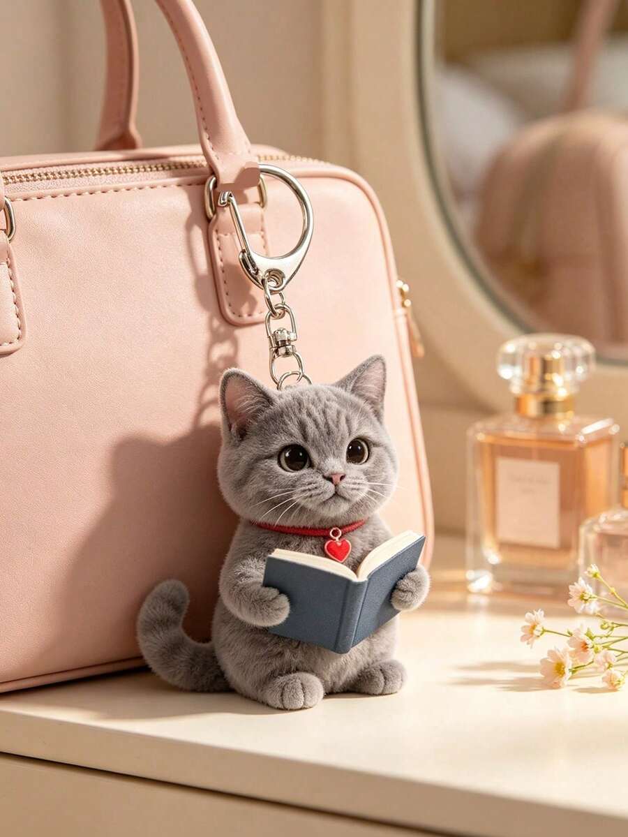 Cute Grey Kitten Reading Pattern Keychain, Party Pendant, Multi-Functional Keychain Decoration, Phone Charm, Backpack Charm, Key Charm, Car Charm, Party Fashion Accessory, Fun 2D Acrylic Accessory, Suitable For Backpacks, Bags, Car Key Charms And Daily Use, Great Choice For Couple Gifts And Party Supplies - Multicolor - View 1