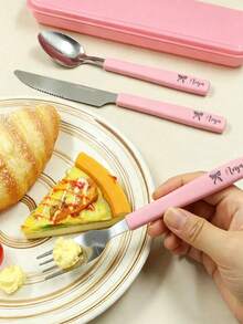 Customized Name Fork, Spoon, Knife Set, Personalized Stainless Steel Fork, Customized Portable Cutlery 3 Pieces Set, Customizable Spoon And Fork Set, Christmas Gift, Anniversary, Travel, Portable, With Cartoon Pattern - Multicolor - View 2