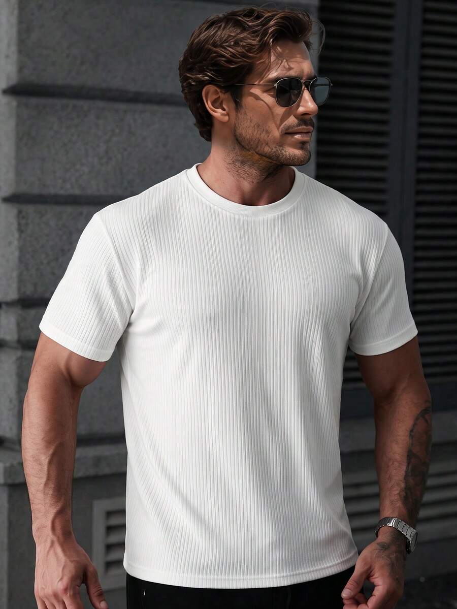 1pc Men's Casual Round Neck Solid Color Short Sleeve T-Shirt - White - View 1
