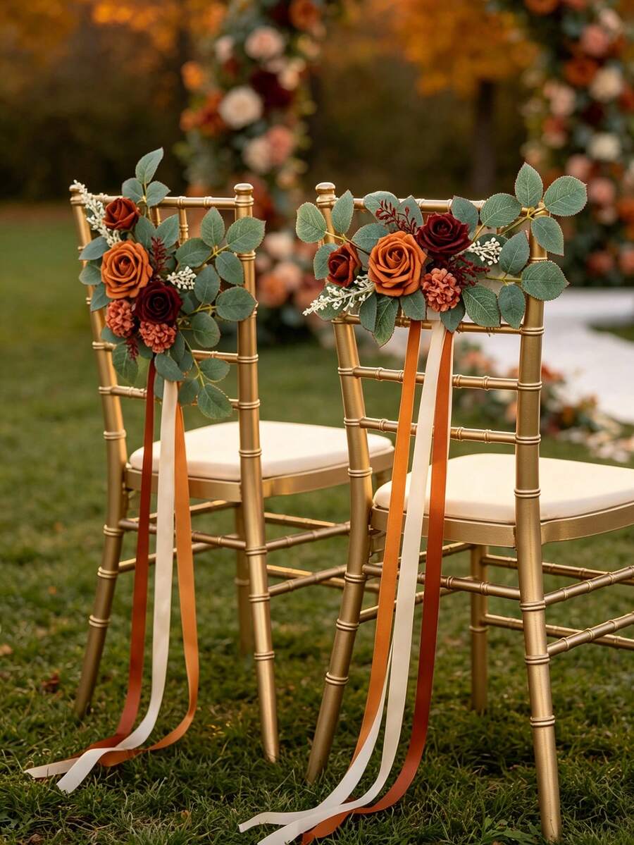 2 Pcs Terracotta Fall Wedding Artificial Aisle Pew Flowers For Chair Decorations,Church,Ceremony , Ribbons, Party Outdoor Decor - Terracotta - View 1