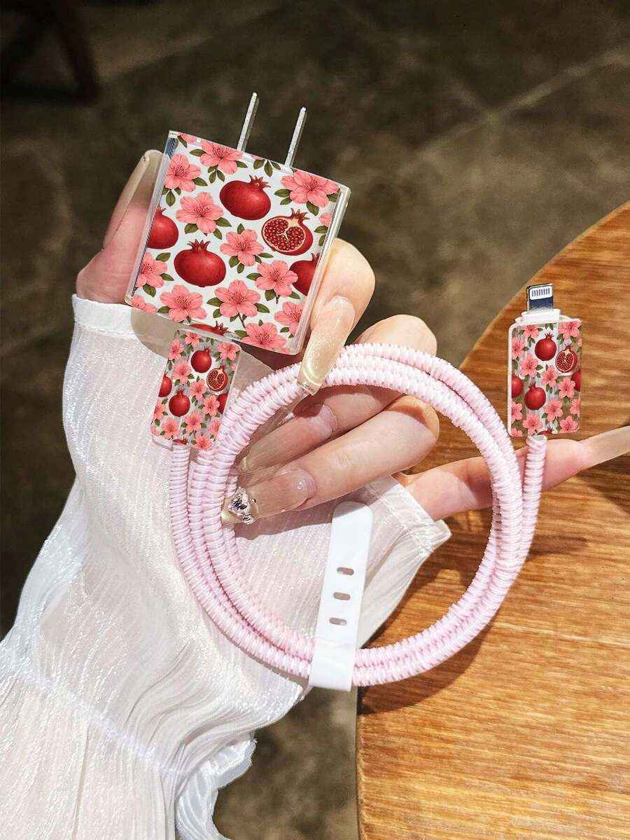 Red Pomegranate & Pink Flower Full Print Pattern Charger Cable Protector, Compatible With IPhone 14 Pro Max, Suitable For 18/20W Fast Charging Cable Winder, Anti-Breakage Tangle Storage Protector, Gift For Boyfriend/Girlfriend, Compatible With IPhone 13/12/11 - Multicolor - View 1