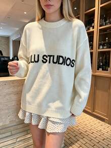 Women's Plus Size Round Neck Letter Jacquard Knit Sweater, Drop Shoulder Long Sleeve Loose Casual Pullover - Black and White - View 4