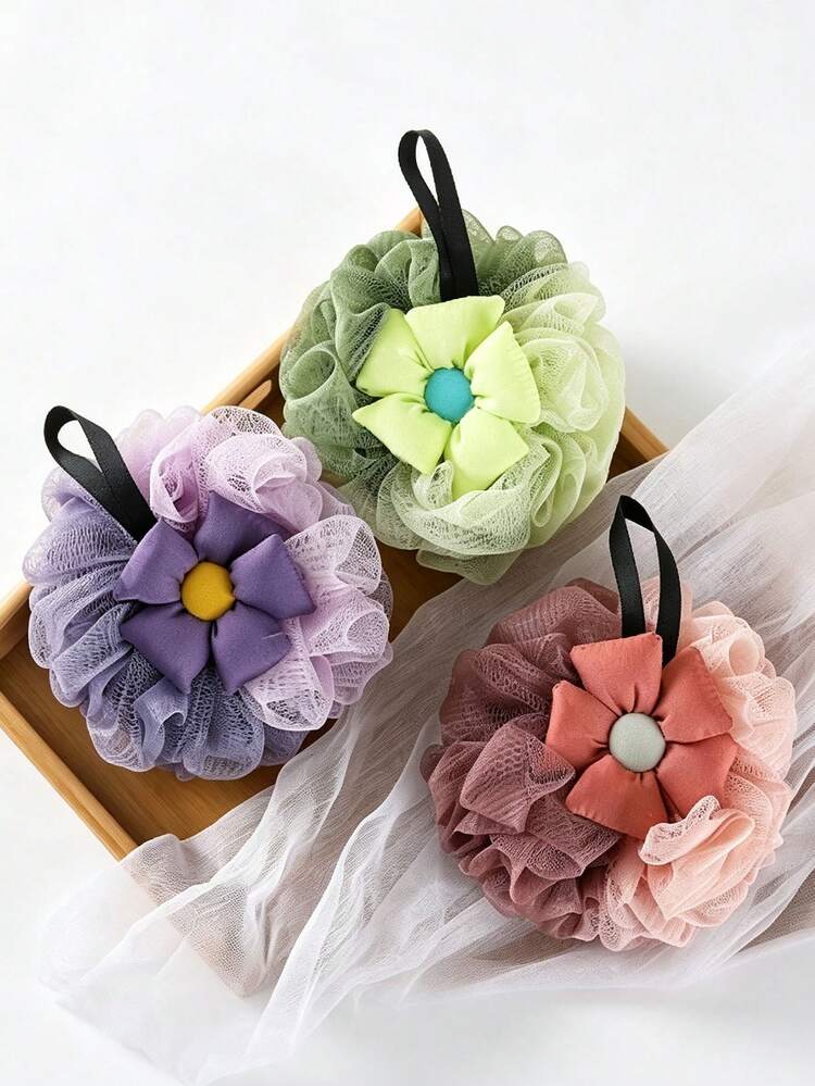 可愛格紋花朵沐浴海綿 柔軟網狀沐浴球 豐富泡沫掛式身體刷 美觀裝飾浴室淋浴球 - 彩色 - 查看 4