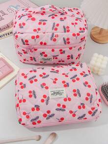 Cute Cherry Pattern Makeup Bag Large Capacity Quilted Makeup Bag Portable Handheld Toilet Bag Checkered Printing Inner Design Makeup Brush Storage - Multicolor - View 5
