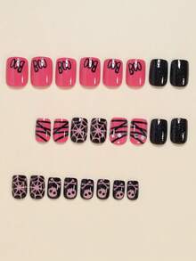24pcs Halloween Short Square Fake Nails, Rose Pink Glossy, Silver Glitter, White Spider Web, English Letter, Skull, Black Bandage, Rhinestone, Suitable For Halloween Wear, Includes 1pc Jelly Glue And 1pc Nail File - Multicolor - View 2