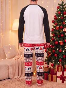 Men's Plus Size Long Sleeve Pajama Set, Cartoon Game Controller Print Top + Plaid Pants, 2 Pieces Loungewear - Black - View 2