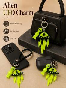 Cute Glowing Alien UFO Keychain, Fun Portable Fashion Accessory, Gift For Friends, Earphone Case, Pendant Ornament - Multicolor - View 6
