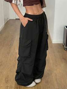 Teen Girls Summer Street Style Low Waist White Parachute Cargo Pants - Black - View 4