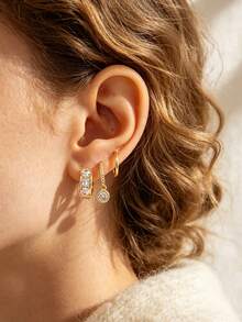 6pcs Personalized Fashion Charming Copper Electroplated 18K Gold Inlaid Cubic Zirconia Round Geometric Drop Earrings Set, Suitable For Women's Daily Wear Jewelry Accessories, Holiday Gift, Birthday Gift For Friends - Yellow Gold - View 2