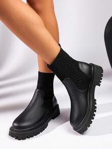 Classic Round Toe Thick Sole Fabric Patchwork Women's Ankle Boots, Autumn/Winter New Slip-On Black Boots - Black - View 7